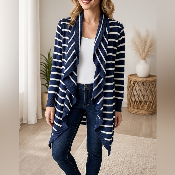 Soft Surroundings Sweaters - Soft Surroundings Navy White Stripe Open Front Waterfall Neck Cardigan Sweater